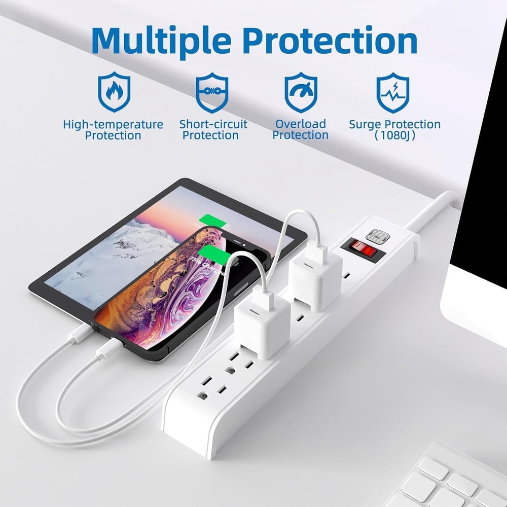 Listed Surge Protector Power Strip - 4ft with Overload Protection, 6 Outlets