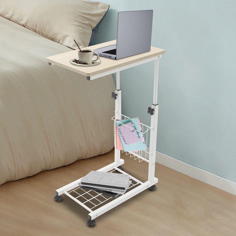 2 Tiers Adjustable Bed Side Table Thickened Mobile Standalone Table w/ Wheels