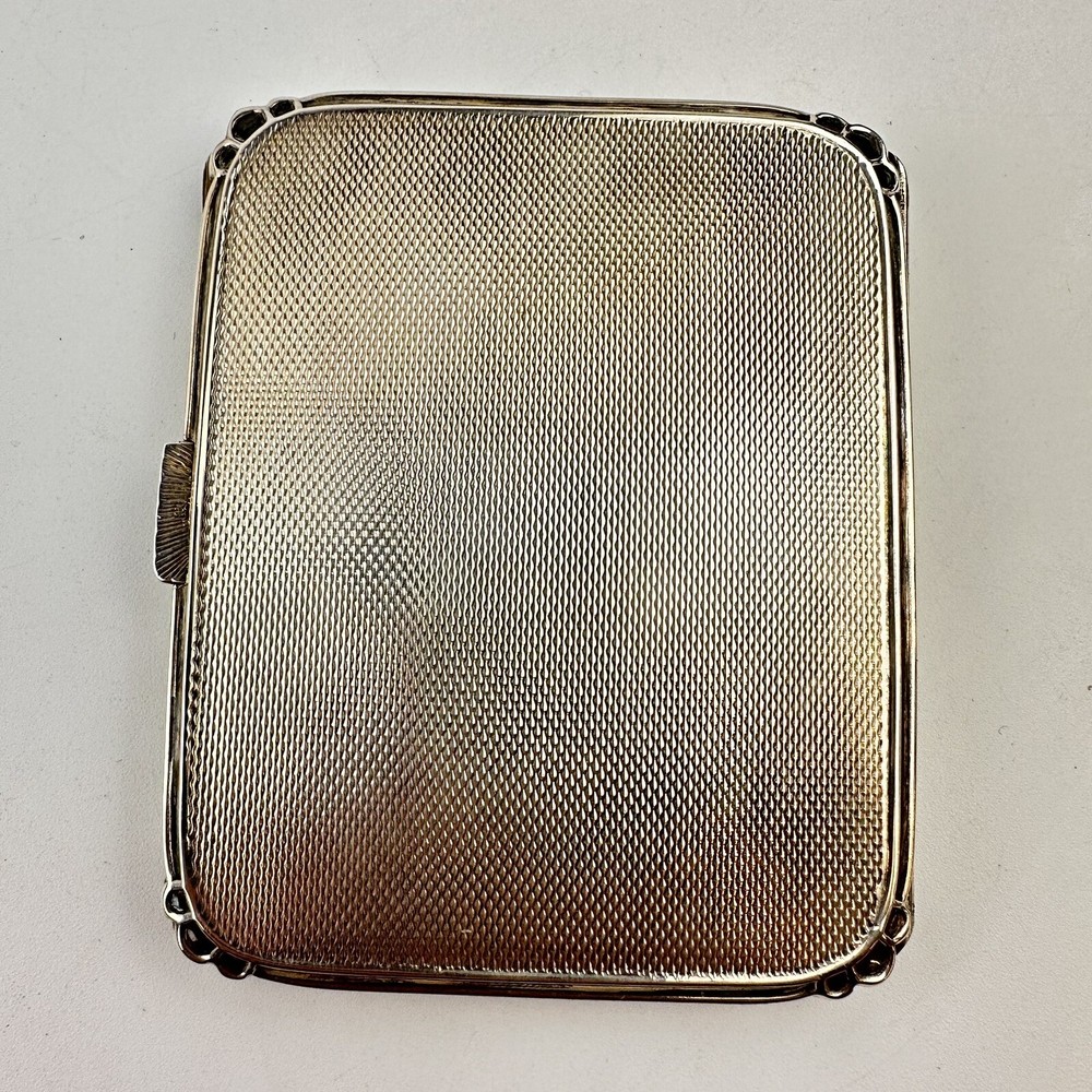 Boxed Antique Solid Silver Green Guilloche Enamel Cigarette Box & Compact Adie