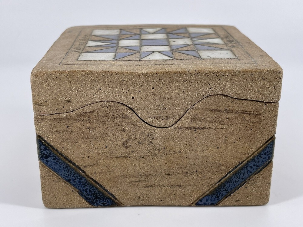 Unique Sandstone Box Hand Painted Glazed White and Blue Design Signed