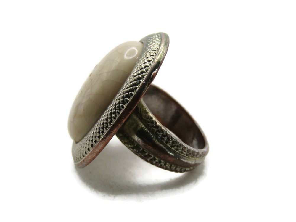 Large Statement Ring Oval Cream Crackle Stone Cabochon Textured Silver Tone