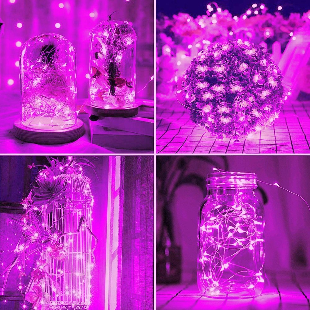 2 Pack Total 200 LED 66FT Solar Powered Copper Wire String 2 Pack, Pink