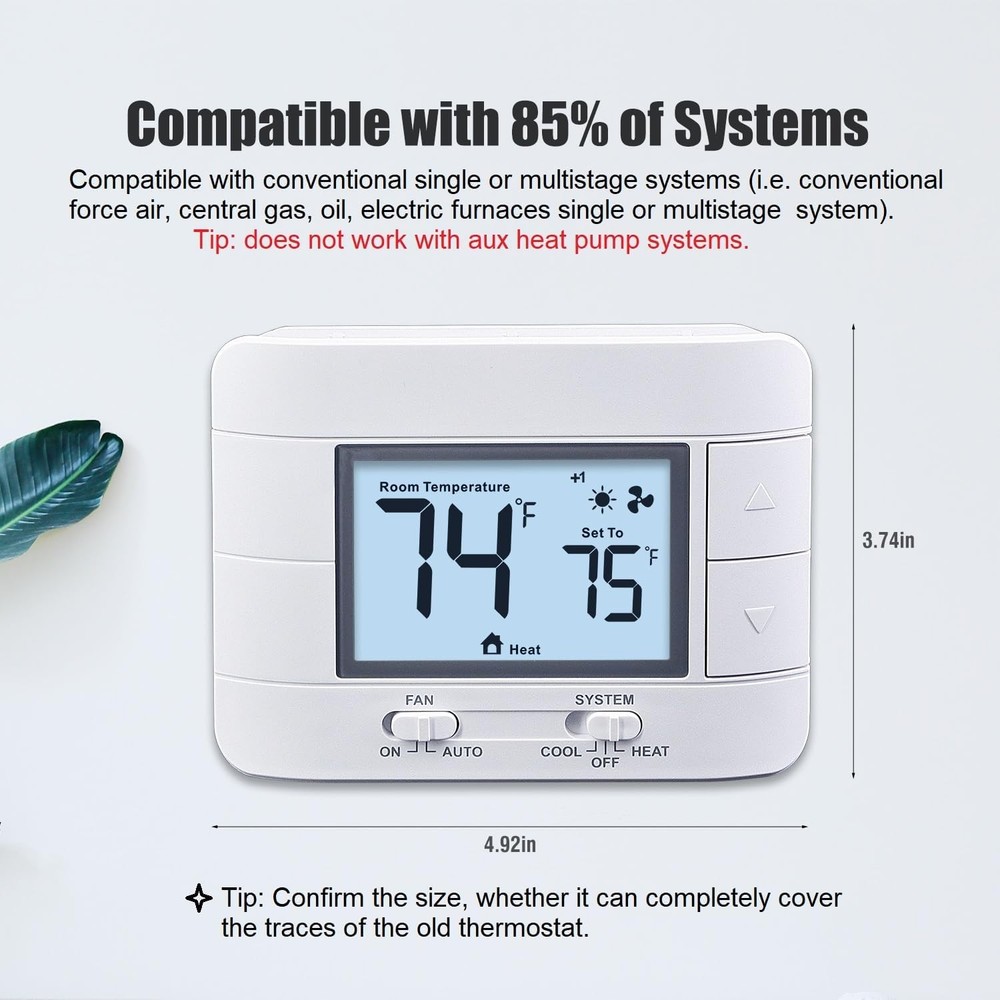 Non Programmable Thermostat for Home 2 Heat 2 Cool Multistage System, White