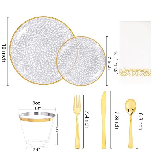 350 Pcs Plastic Plates, Hammered Disposable Dinnerware, Clear-Gold Clear Gold