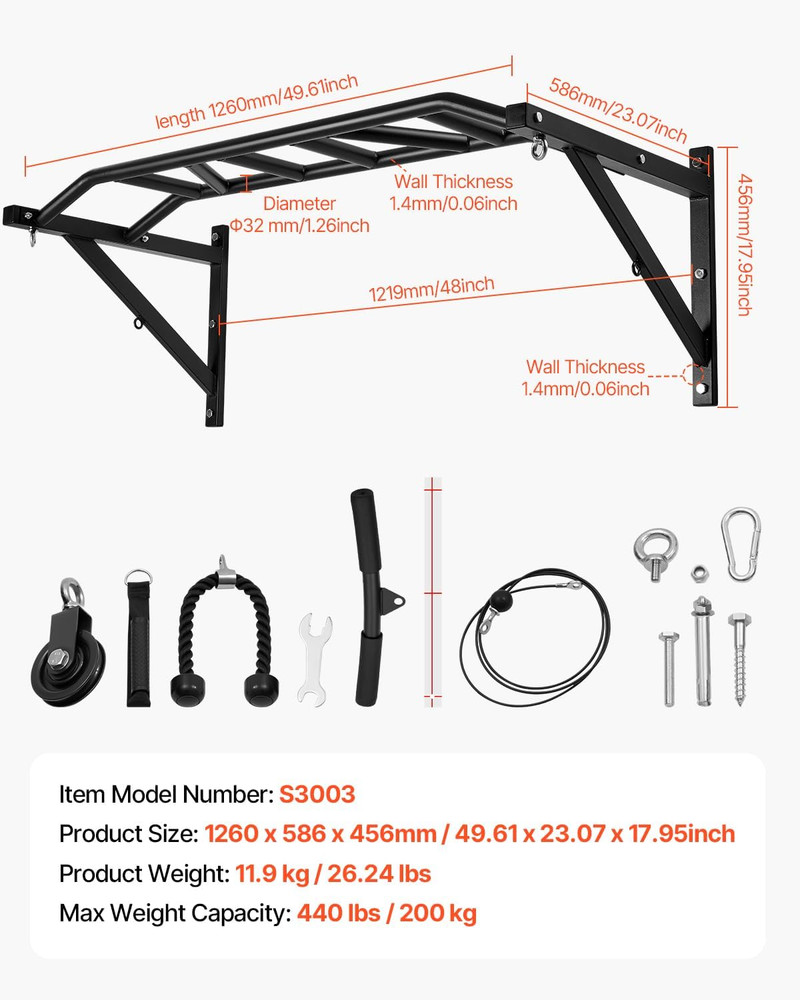 Pull up Bar, Multi-Grip Wall Mounted Pull Ups, 50 in Width Multifunctional Chin