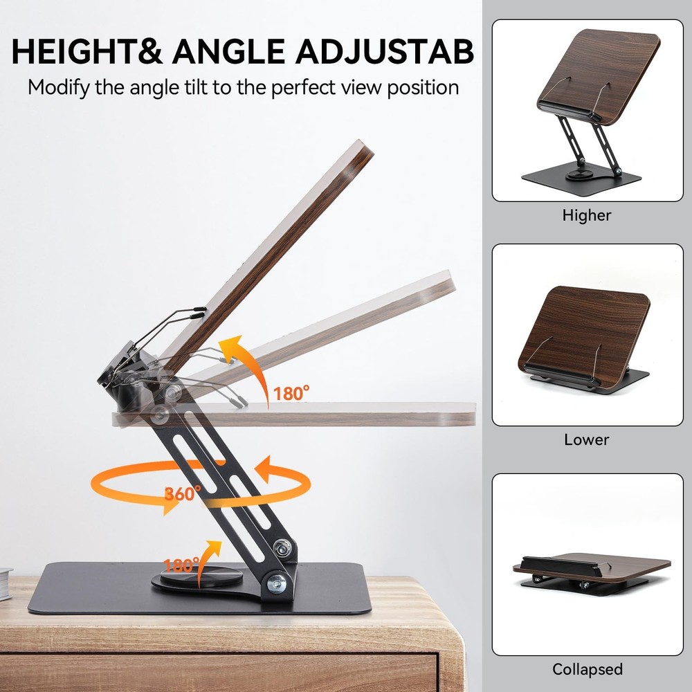 360° Rotating Book Stand for Reading, Adjustable Foldable Book Holder for Rea...