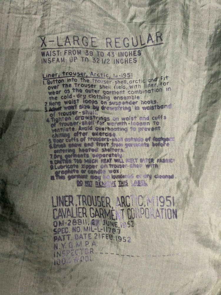 USGI M-1951 Arctic Trouser Liner X-Large Regular Wool