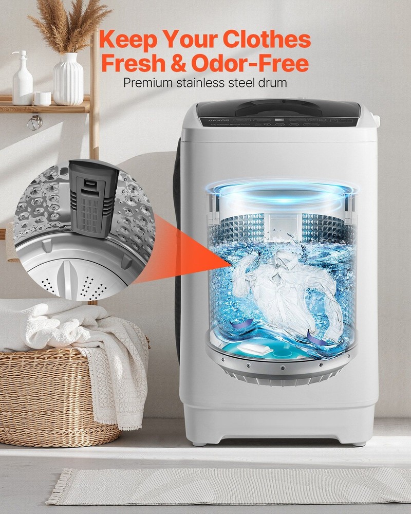 Portable Washer 1.3cu.ft, 8 Program Settings, 6 Water Levels, LED Interface