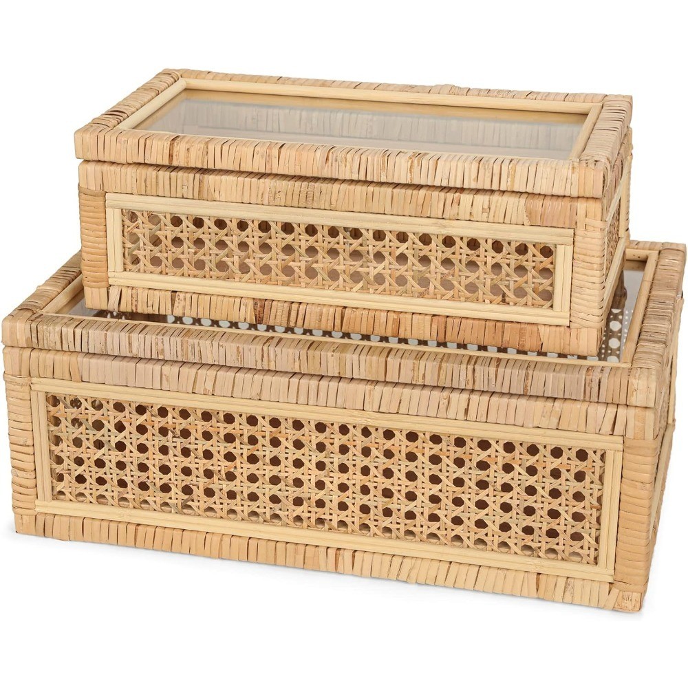 Large Handwoven Rattan Display Box Set with Glass Lids Rectangular Boho