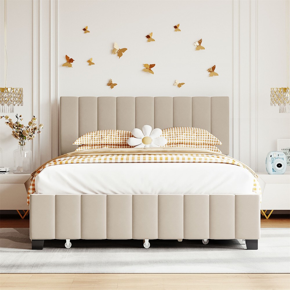 Queen Size Bed Frame Upholstered Platform Bed w/ Pull-Out Trundle & 2 Drawers