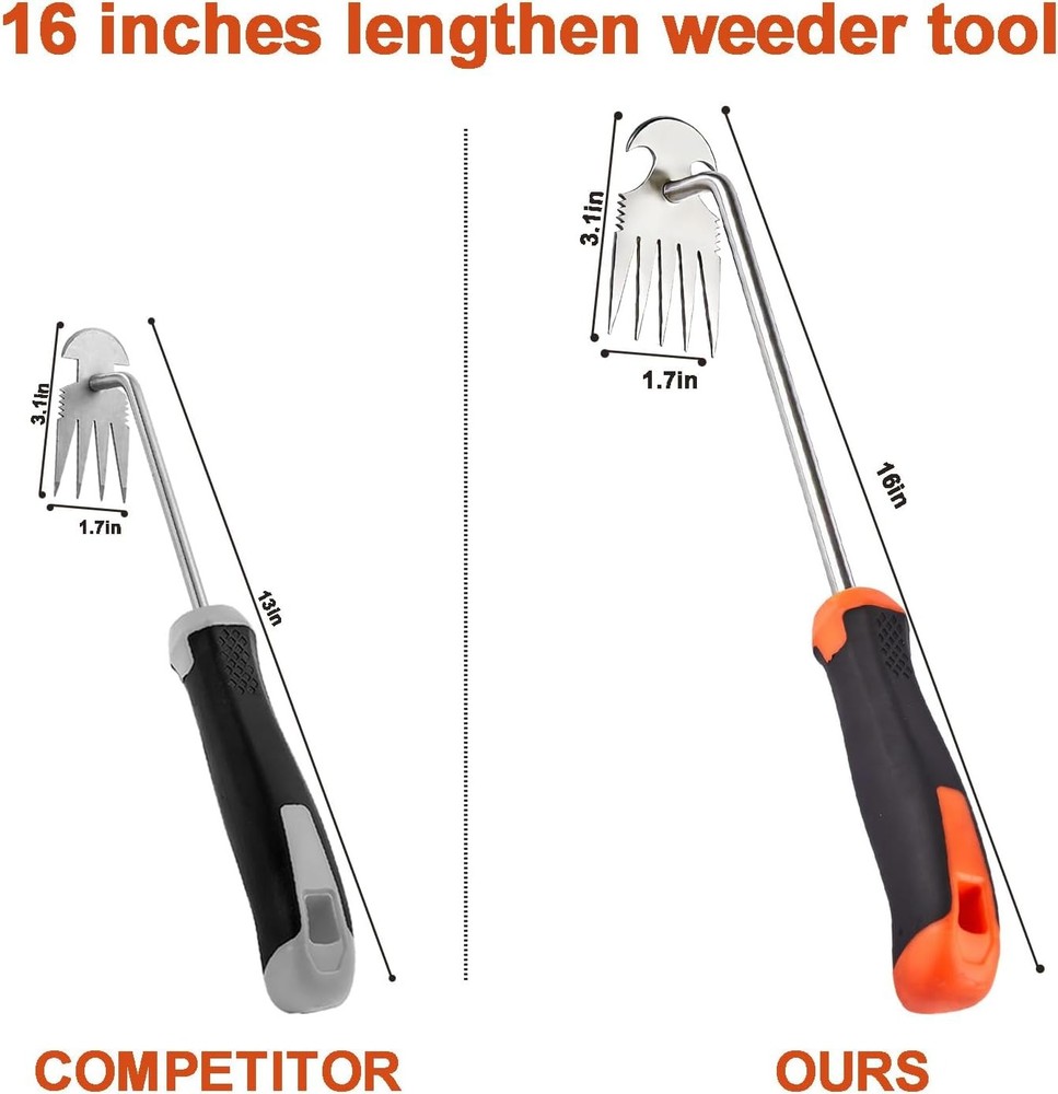 Weed Puller Tool, Rubber Handle Garden Manual Weeder Tool, Portable Stainless St