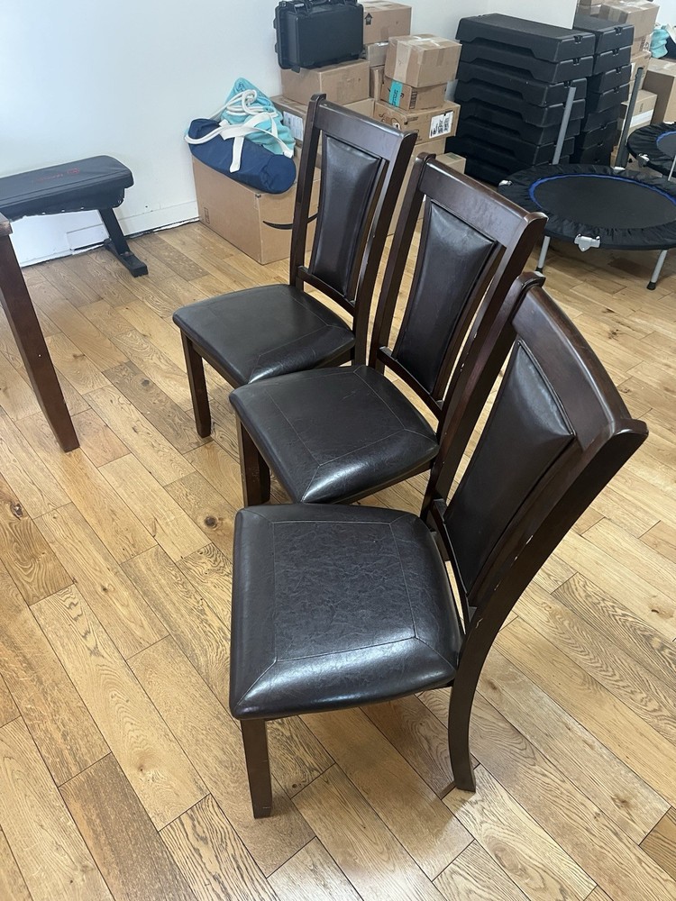 Dark Brown Rectangular Wood Dining Table Set with 4 Faux Leather Chairs