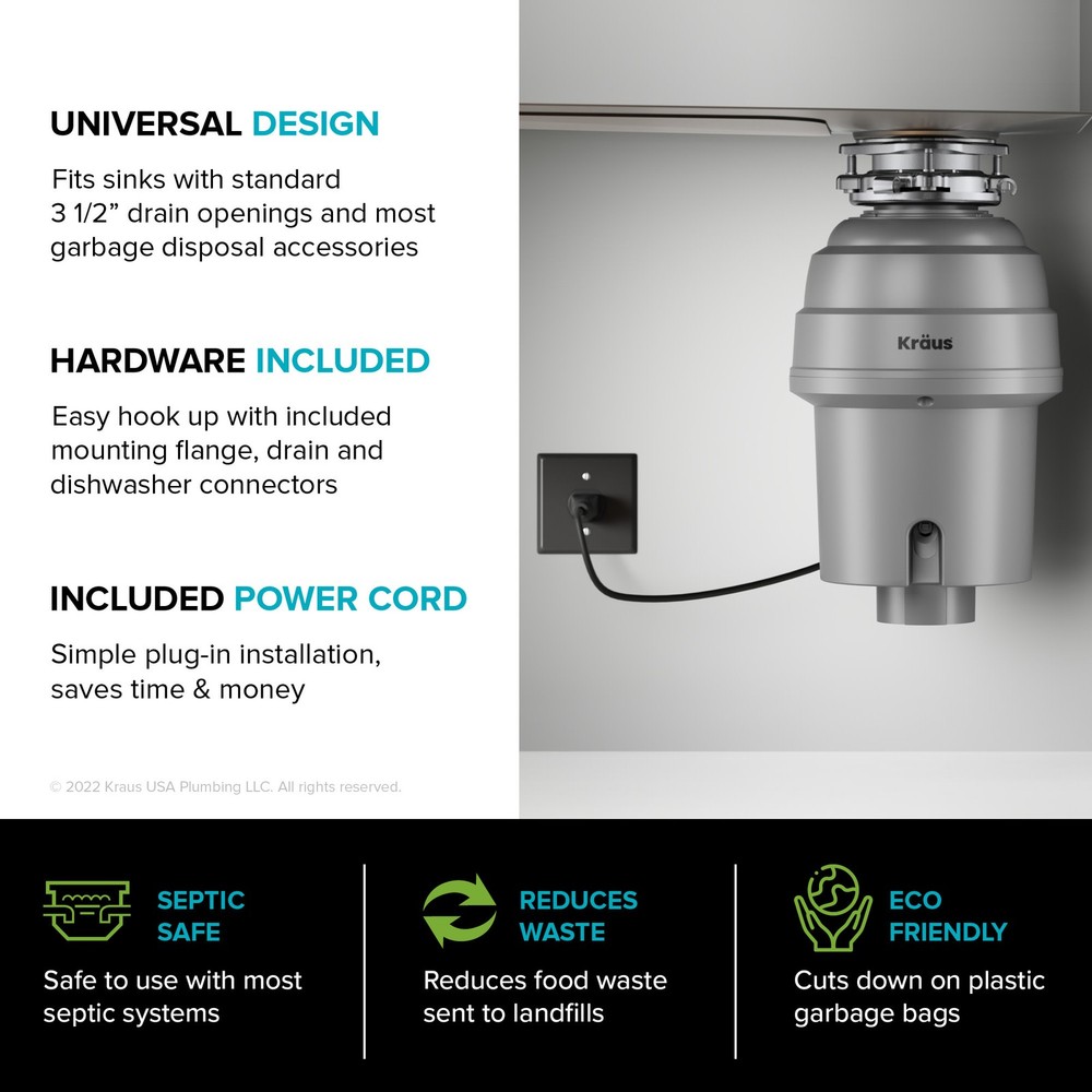 Kraus KWD210-75 3/4 HP Continuous Feed Garbage Disposal - Grey