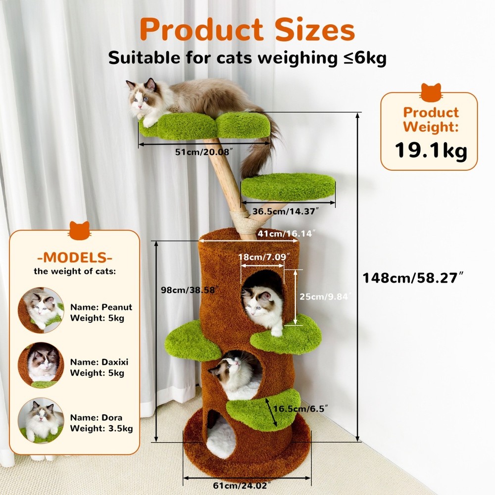 Cat Tree Tower for Large Cats Solid Wood Scratching Post with Basket Condo Perch