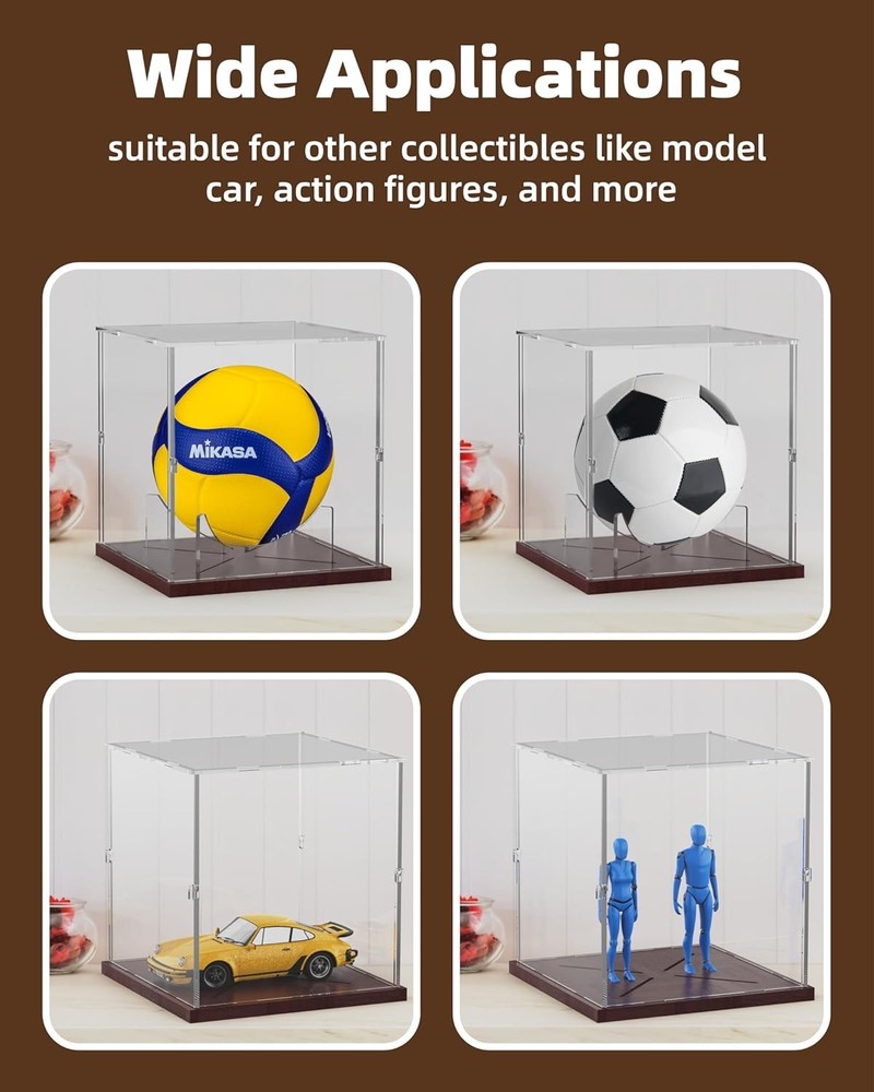 Basketball Display Case Acrylic Clear, UV Protected Stand Walnut