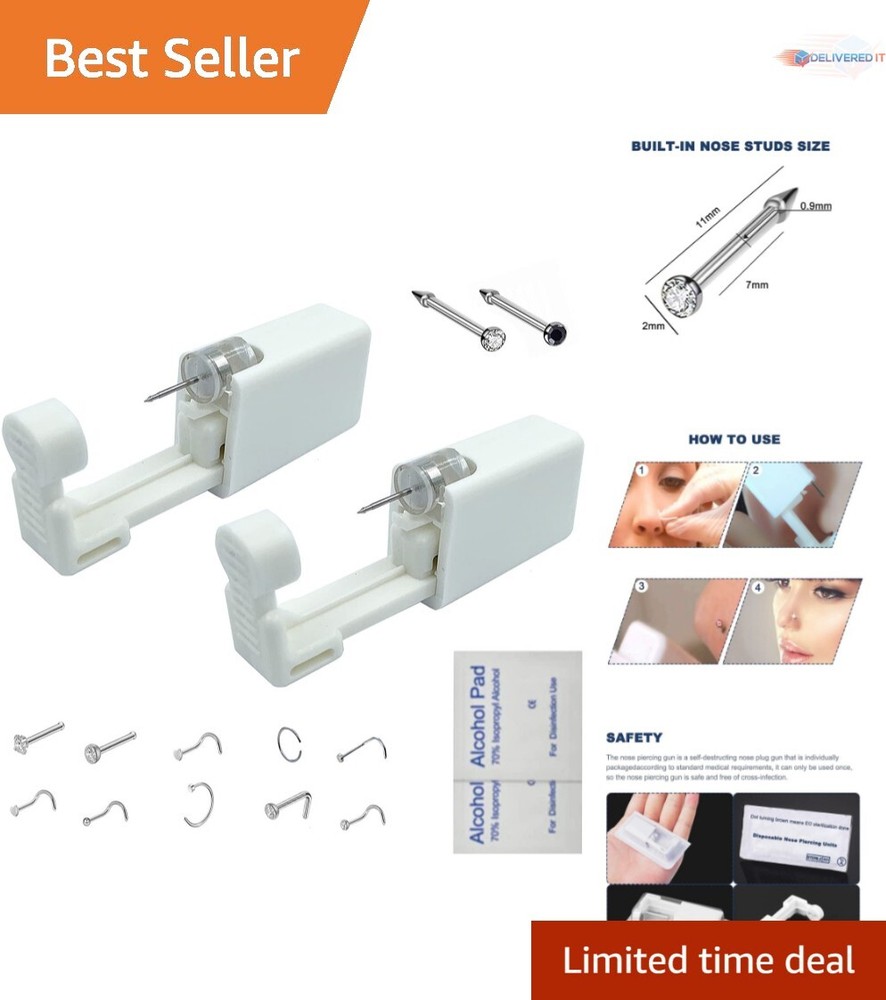Safe Sterile Nose Piercing Kit with 10 Mixed Nose Rings – 2 Pack for Beginners