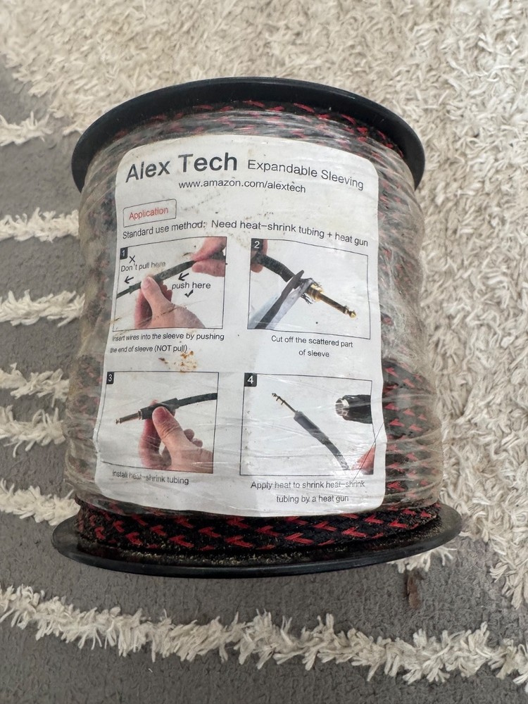 100ft 1" Expandable Braided Sleeving Black/ Red Alex Tech cable sleeve