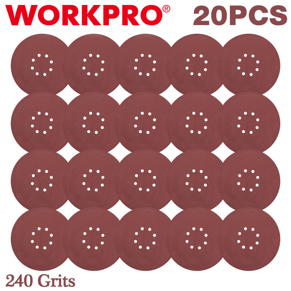 WORKPRO 20PCS 9" 8 Hole Hook-and-Loop Sandpaper 240 Grits Abrasive Sanding Discs