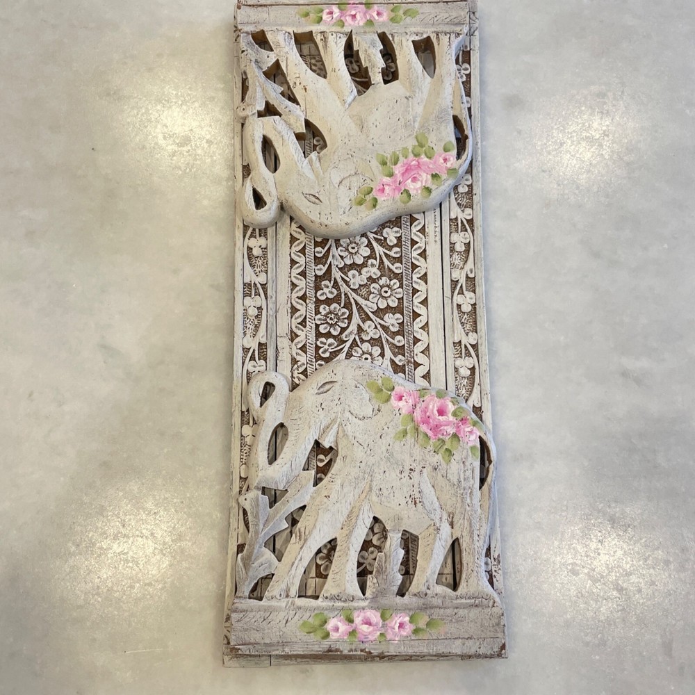 Carved Elephant Folding Book Rack Holder Hand Painted Chippy Boho Shabby Signed