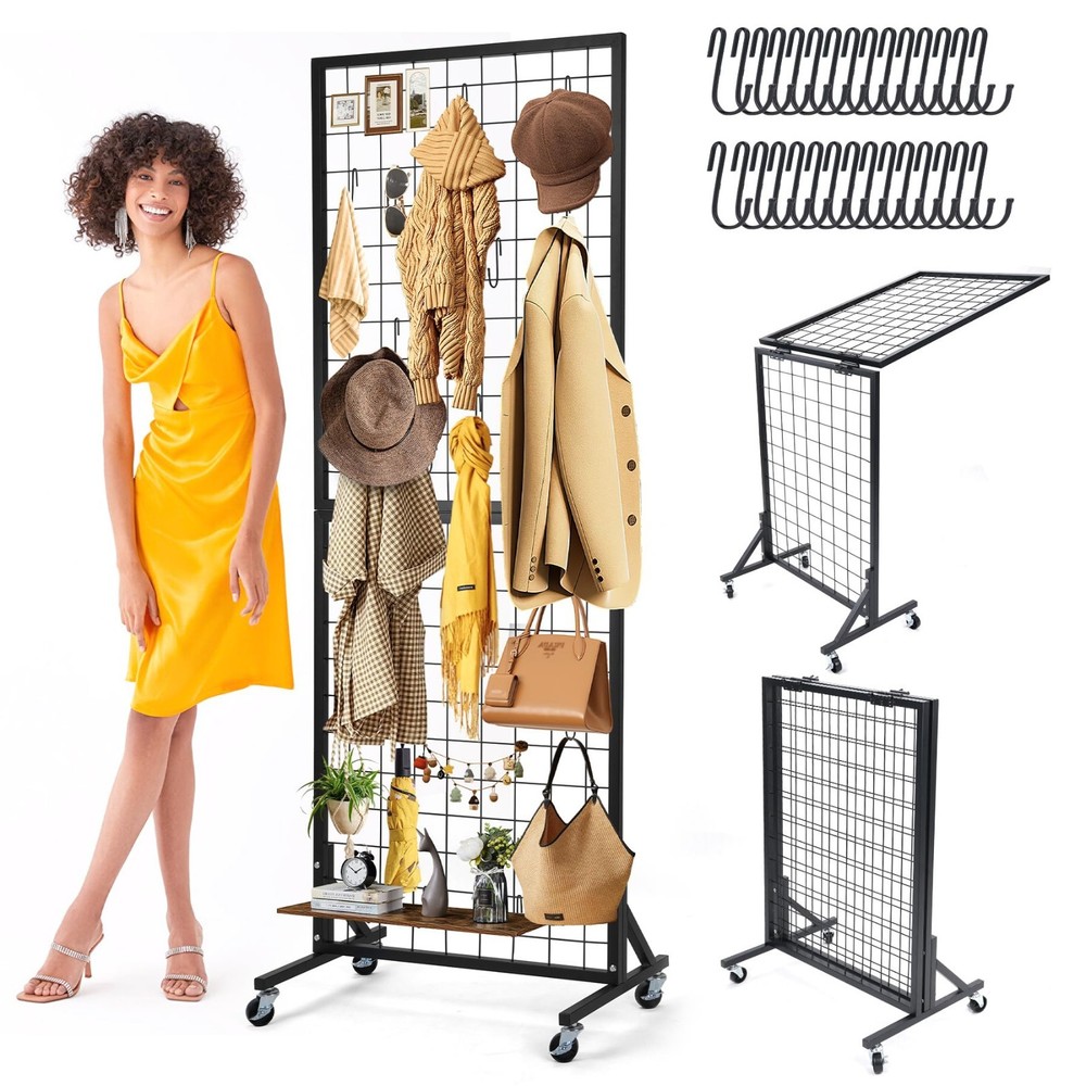 Foldable Grid Wall Panels Display Rack 5.6' x 2' FT, 30 Hooks, Movable Retail St