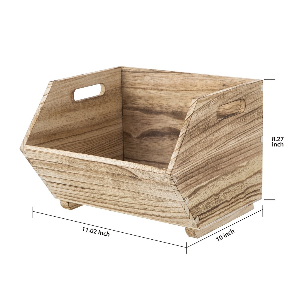 2-Pcs Natural Wood Stacking Open Front Decorative Storage Bin Modern