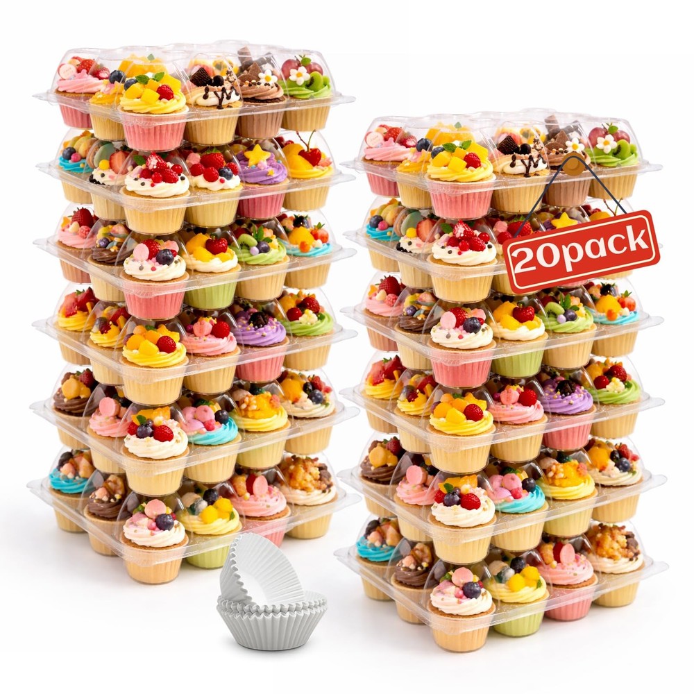 (12 Count x 20 Sets Plastic Cupcake Containers with Liners, Clear Cupcake Hol...