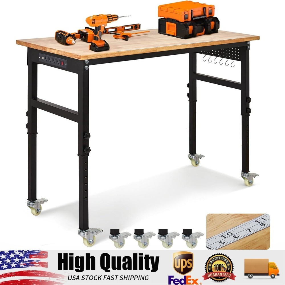 60'' Adjustable Workbench with Power Outlet Heavy Duty Work Table for Workshop