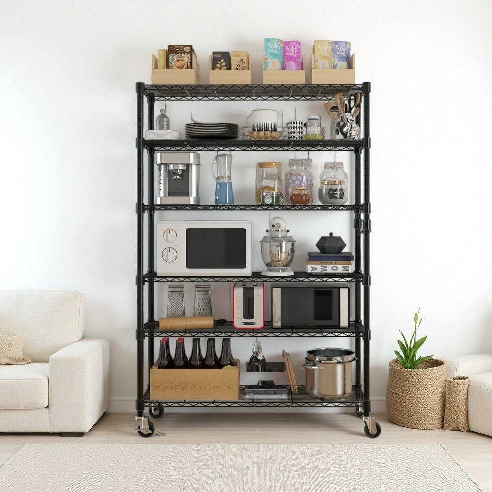 6-Tier Rolling Wire Shelving Unit - Heavy Duty, Adjustable, Hooks & Black