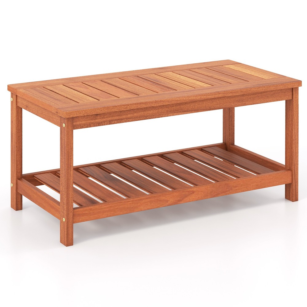 2-Tier Outdoor Side Rectangle Side Table Patio Coffee Table Solid Wood Porch