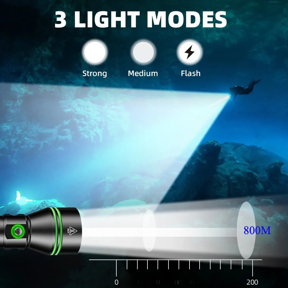 80M Underwater LED Diving Flashlight IPX8 Waterproof Scuba Dive Torch Light
