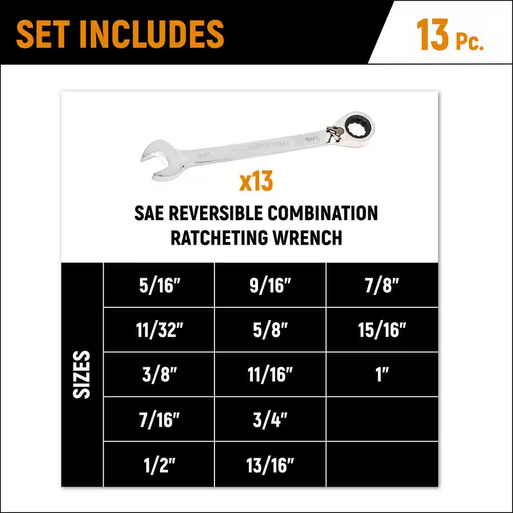 SAE 72-Tooth Reversible Combination Ratcheting Wrench Tool Set (13-Piece)