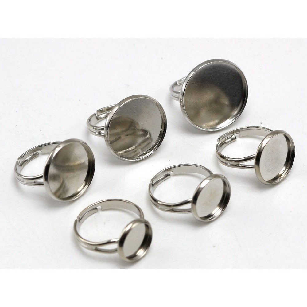 10Pcs Brass Ring Blanks Adjustable with Round Bezel Setting Cup 10mm-20mm Silver