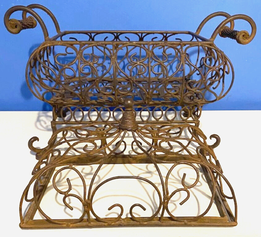 VTG HEAVY CAST IRON RUSTIC ORNATE 2 PC INDOOR/OUTDOOR FOOTED DISPLAY UNIT-EUC