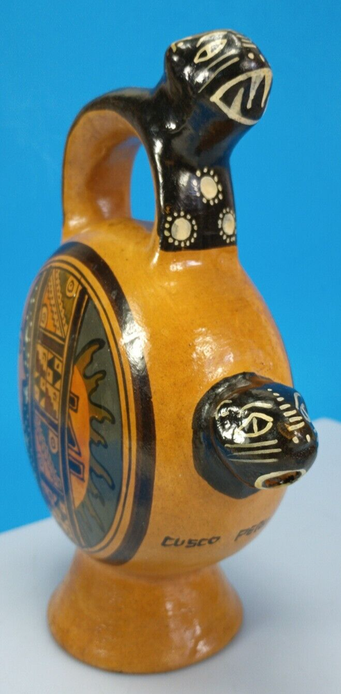 Handcrafted Clay Art From Cusco Peru, Cats Vessel with Handle.