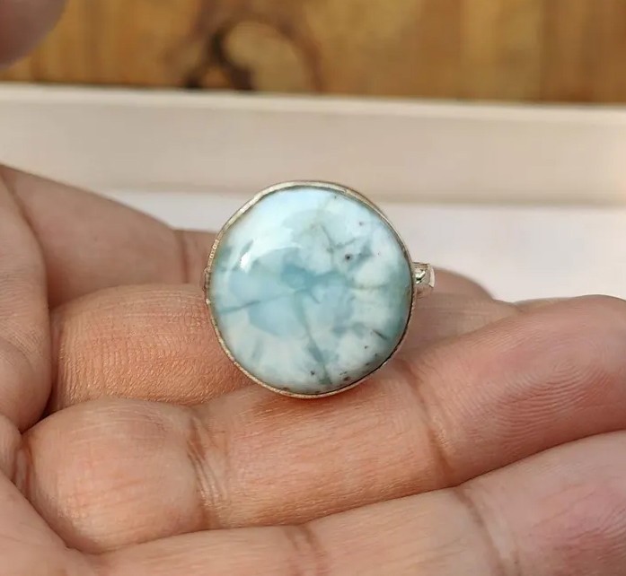Solid 925 Sterling Silver Natural Round Larimar Gemstone Handmade Women's Ring
