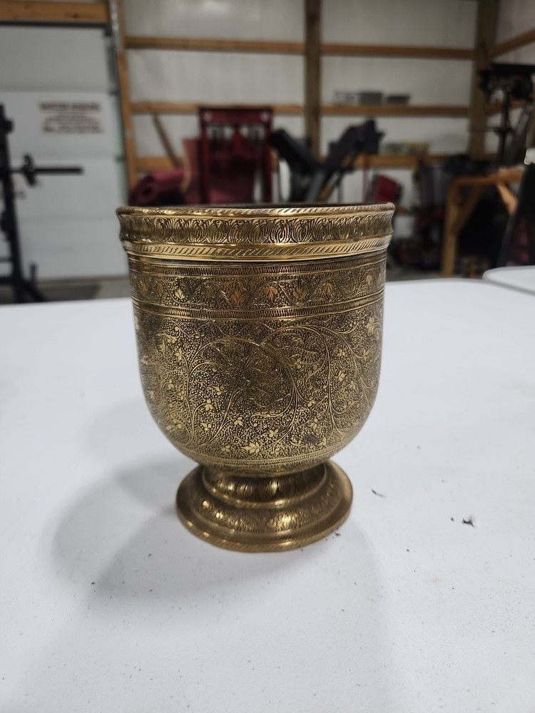 Antique Islamic Brass Basin Bowl engraved & Pierced Calligraphy Script c19th