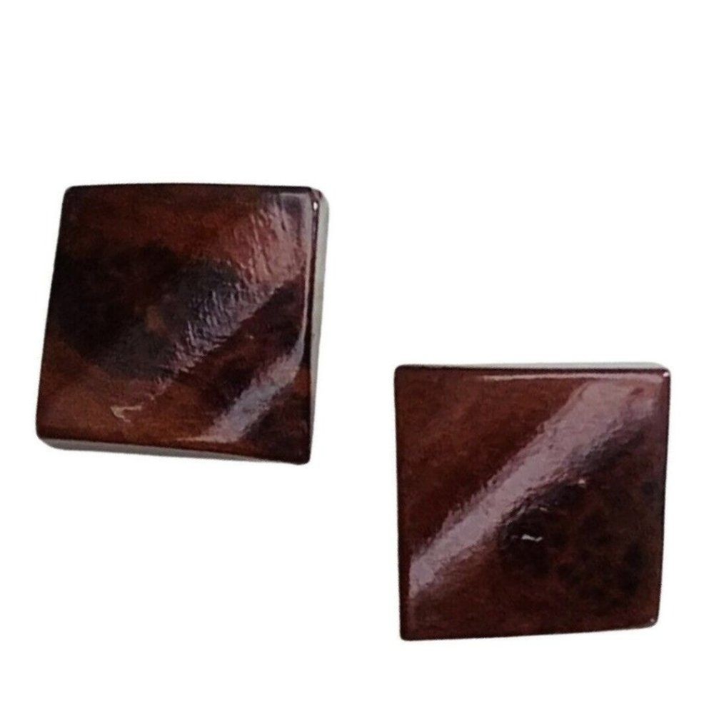 Square Reddish Brown Composition Gold Tone Clip On Button Earrings