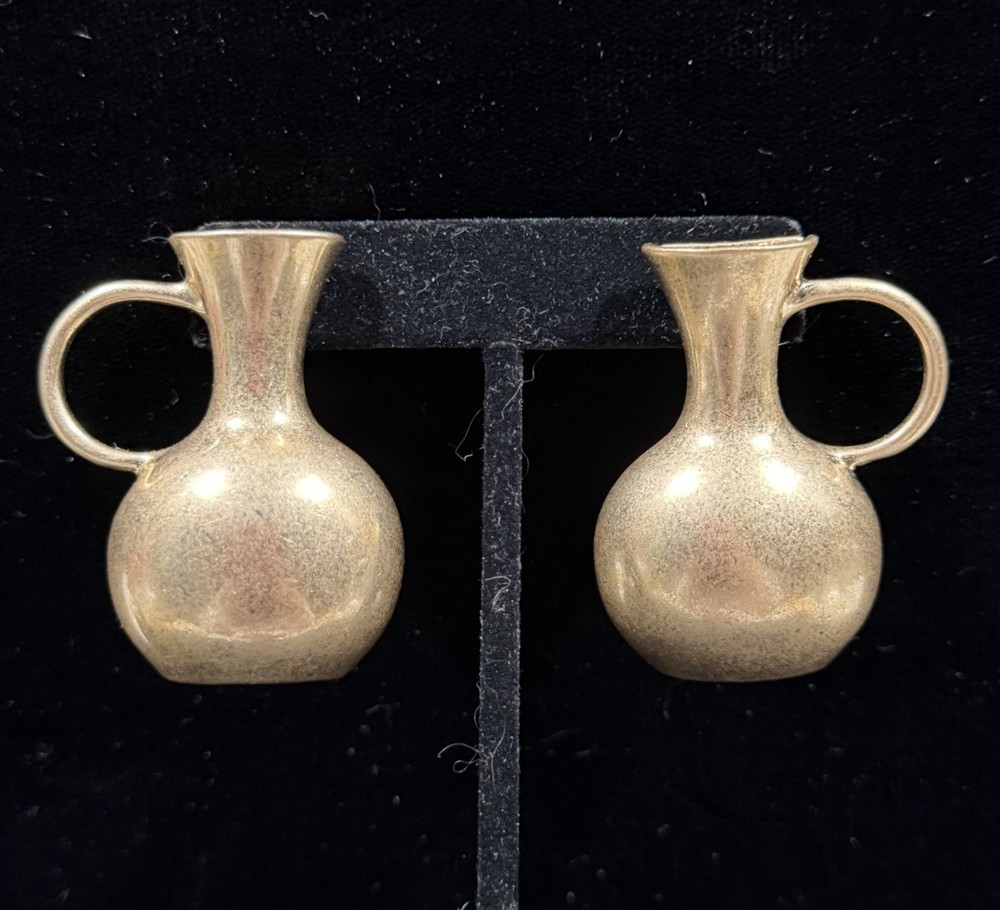Large Brushed 3-D Goldtone Unsigned Vase Jug Shaped Post Earrings