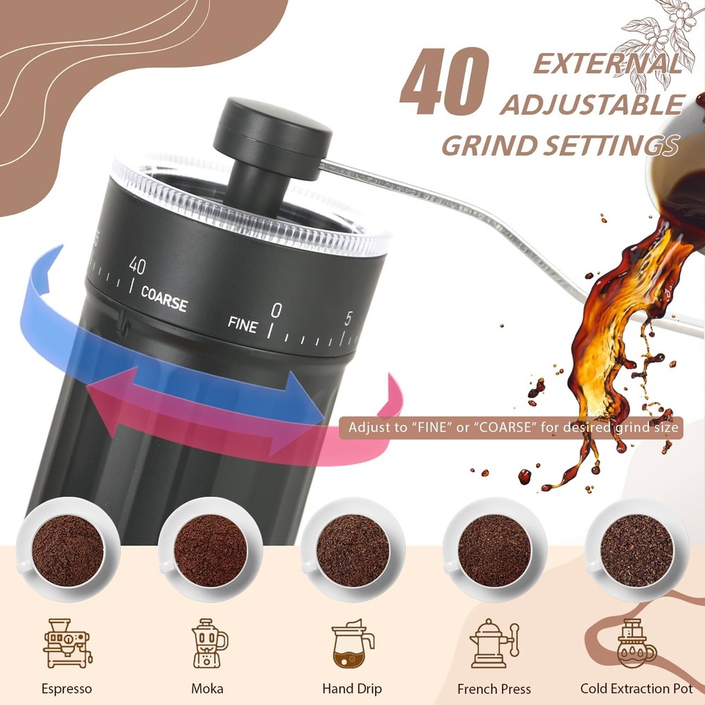 Portable Manual Coffee Grinder, 40 External 30g Bean Capacity, Black