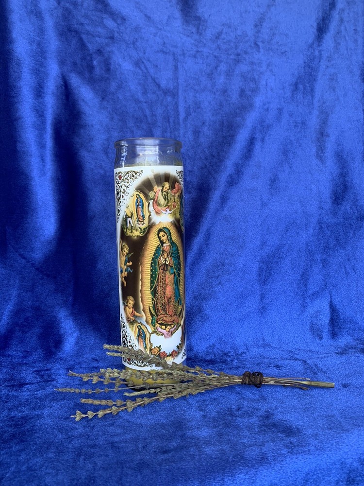 Dual Saints Candle with Hyssop bundle and Rose Quartz
