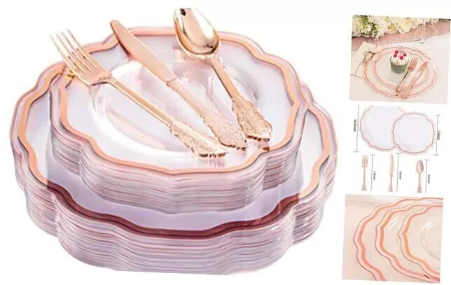 NOCCUR 150PCS Plastic Plates&Silverware-Include 30Dinner Plates, Rose Gold