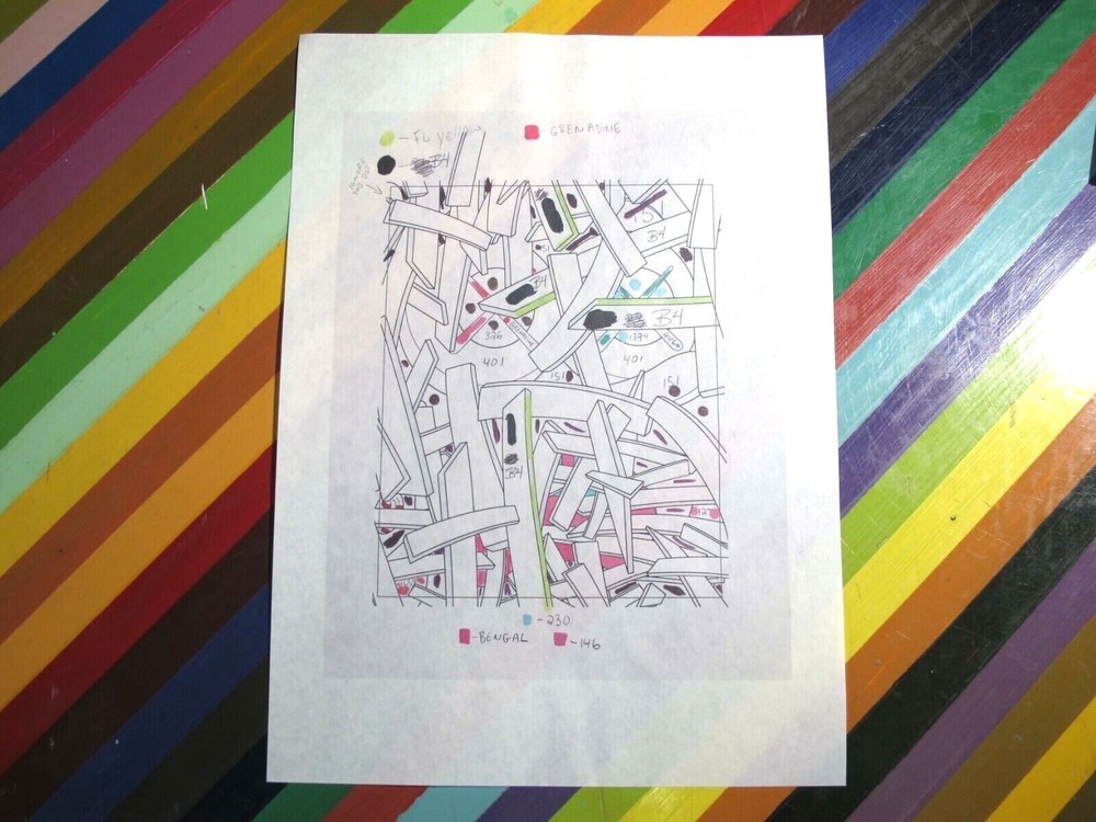 vtg KAWS art show print - working process transparency worksheet color correct.