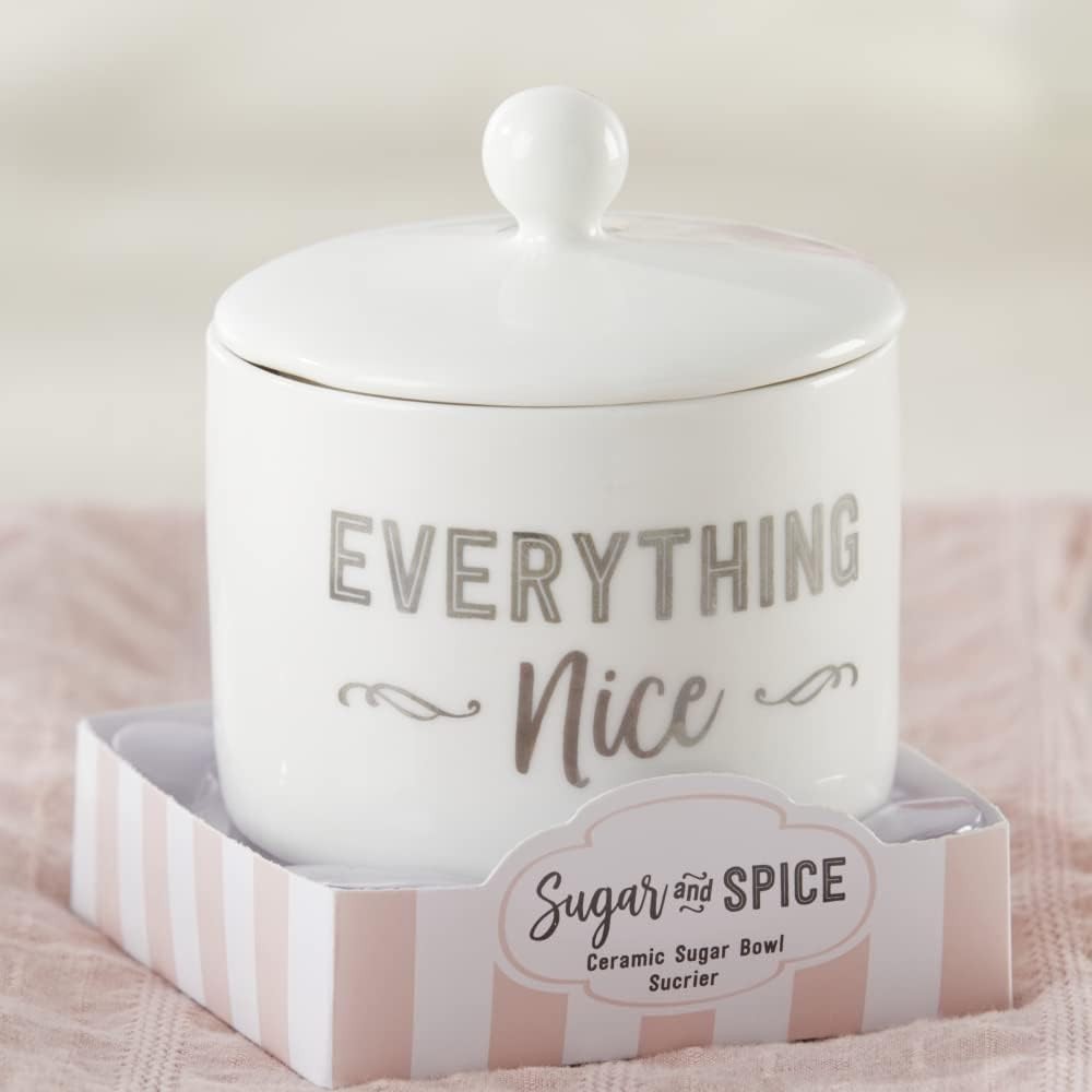Ceramic Sugar Container/Bowl, Spice and Everything Nice, White with Silver Fo...