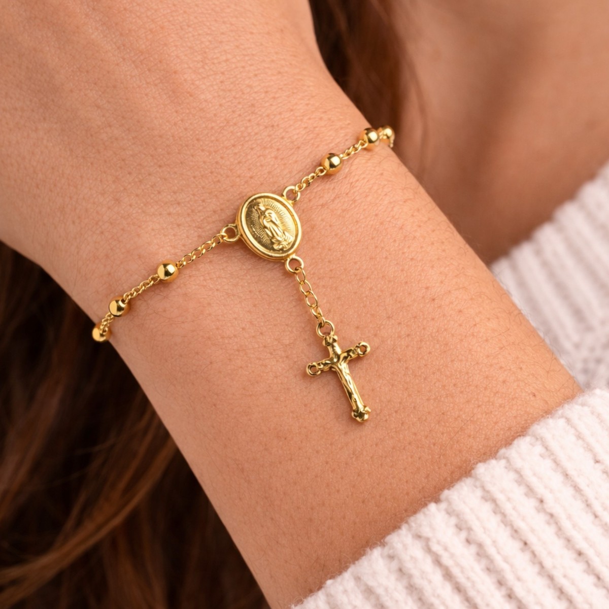 Real Italian 1/200 14K Yellow Gold Oro Overlay Catholic Cross Crucifix Bracelet