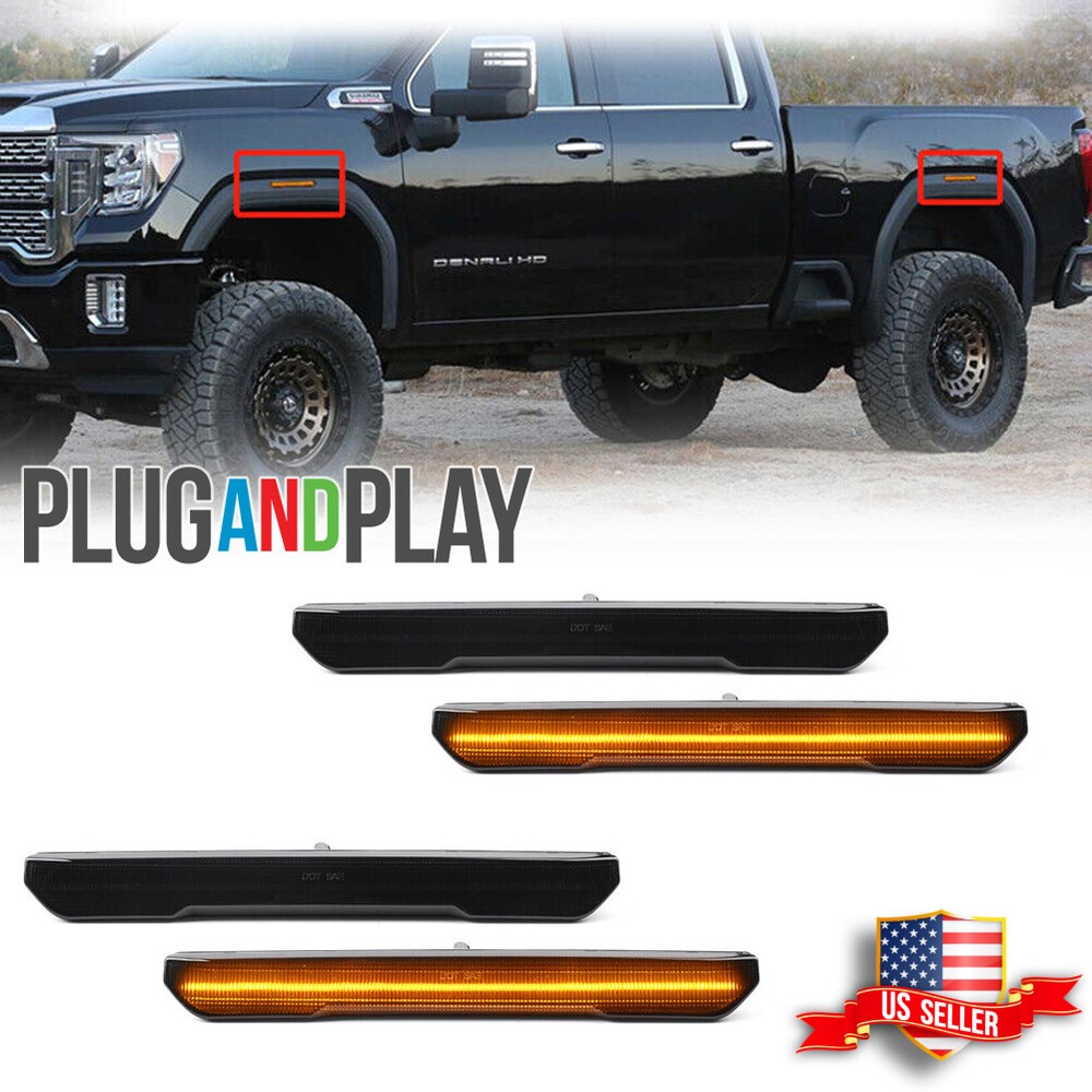 For 20-24 GMC Sierra HD 2500 3500 Front+Rear Smoked Amber LED Side Marker Lights