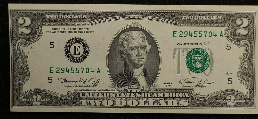 1976 $2 note alignment Shift over-inking error AU58 1 fold