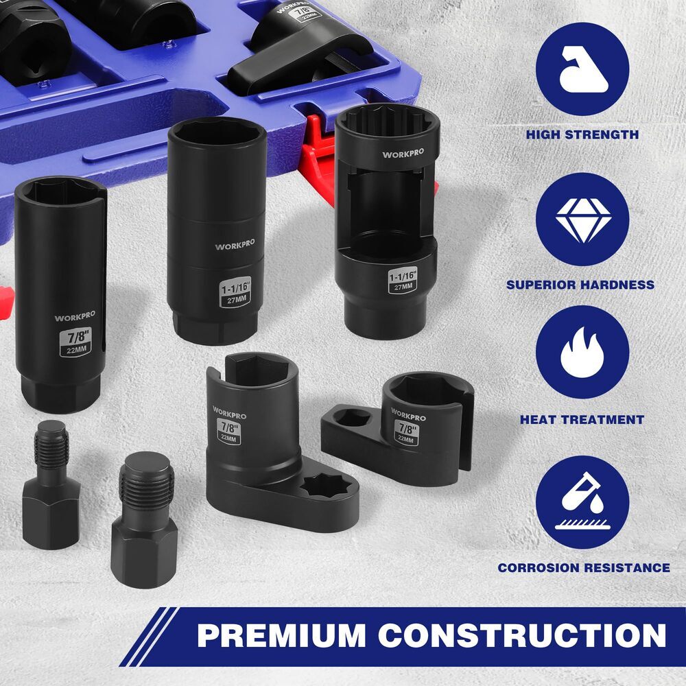 WORKPRO O₂ Oxygen Sensor Socket 7PC Socket Removal Tool Wrench Thread Chaser Set