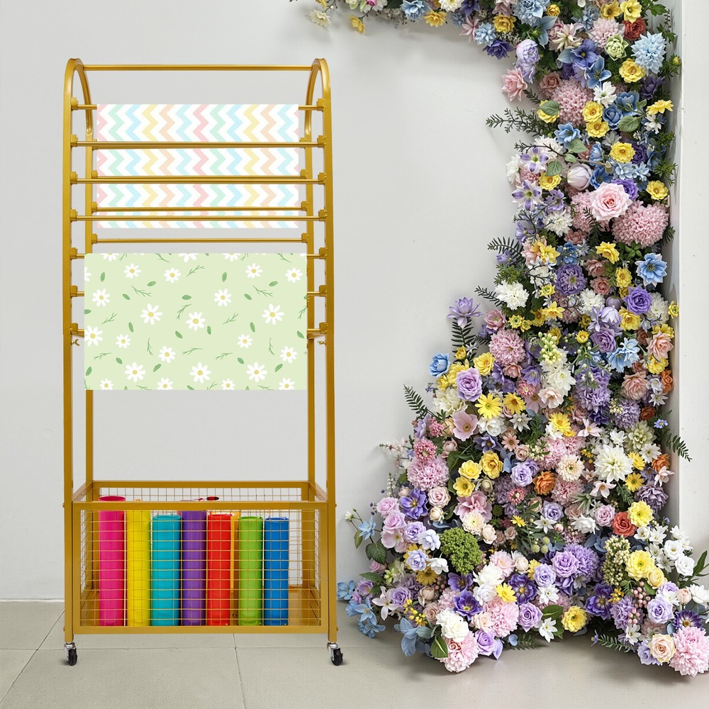 Multifunctional Flower Wrapping Paper Storage Stand Display Rack with Wheels