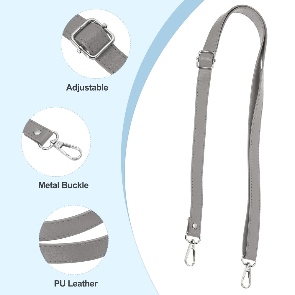 51 Inch Adjustable Leather Purse Strap with Silver Hardware, Grey