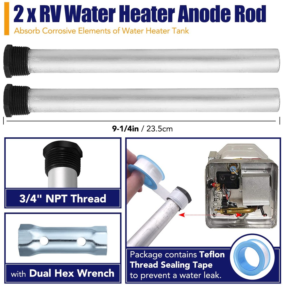 5Pack RV Water Heater Anode Tank Rinser+Anode Rod+Wrench Socket, Multicolor